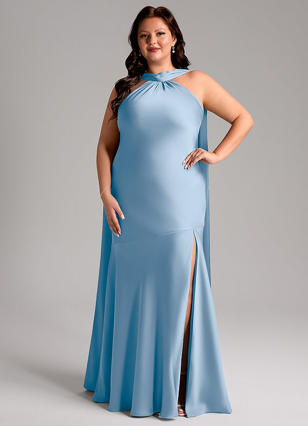 Azazie Kinsley Bridesmaid Dresses Powder Blue Mermaid Side Slit Stretch Satin Dress image1
