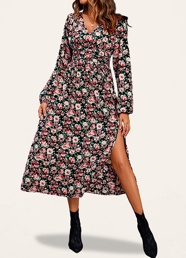 Black Newark Black Floral Print Long Sleeve Midi Dress Dresses Azazie