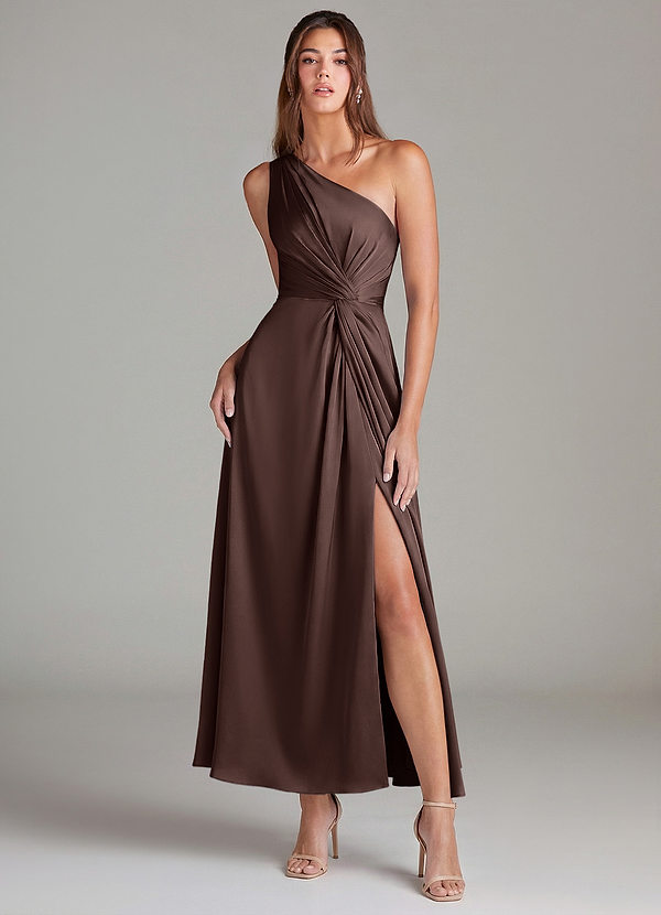 Azazie Brooke Bridesmaid Dresses Ganache A-Line One Shoulder Stretch Satin Dress image1