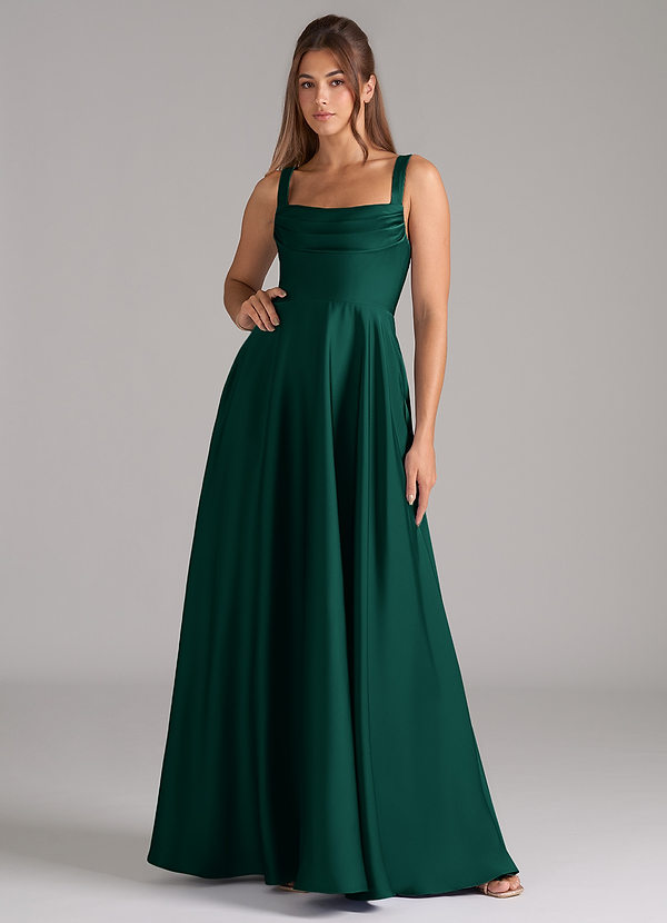 Azazie Shaude Bridesmaid Dresses Emerald A-Line Pleated Stretch Satin Dress image1