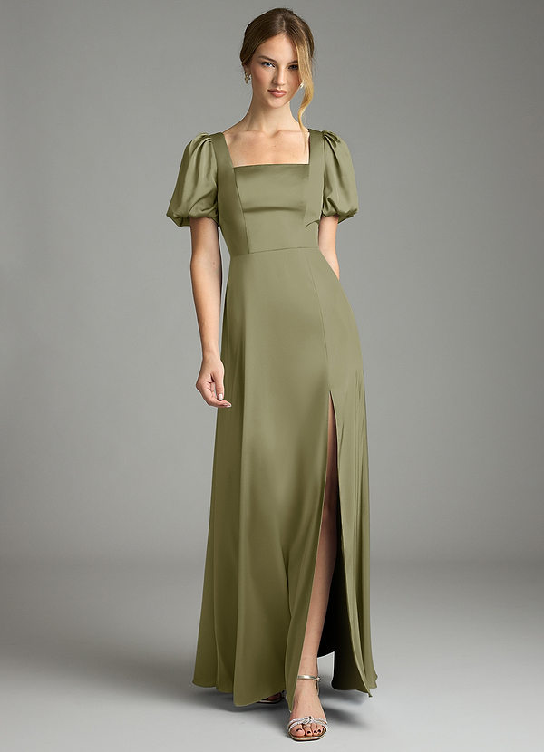 Azazie Fyona Bridesmaid Dresses Pistachio A-Line Pleated Stretch Satin Dress image1