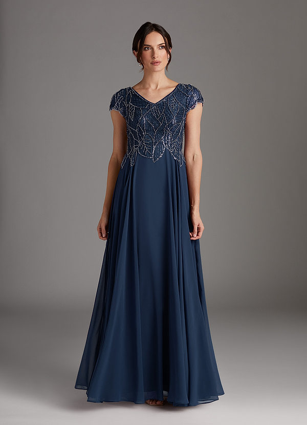 Azazie Eleanor Vestidos de Madre de la Novia Vestido de Azul Marino Oscuro de Gasa de Corte En A con Lentejuela image1