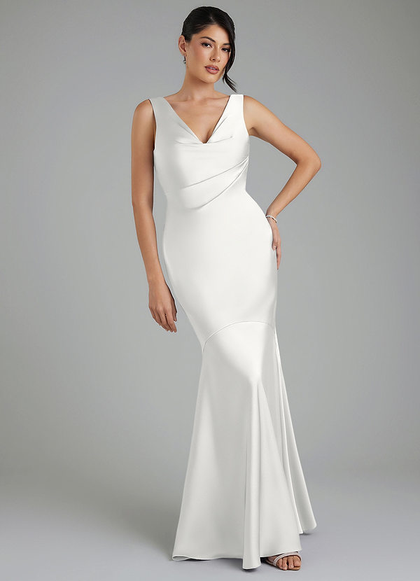 Azazie Monica Bridesmaid Dresses White Mermaid Pleated Stretch Satin Dress image1