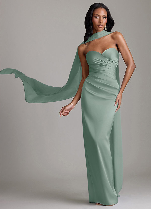 Azazie Sonora Vestidos Dama de Honor Vestido de Salvia Plateada de Satén Elástico de Corte Recto con Sin tirantes image1