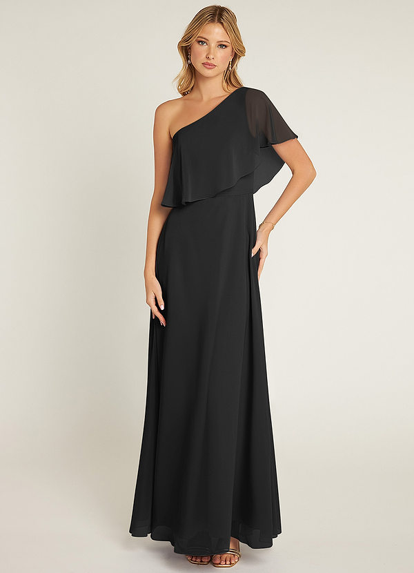 Azazie Lizzy Brautjungfernkleider A-Linie One-Shoulder Chiffon Kleid Schwarz image1