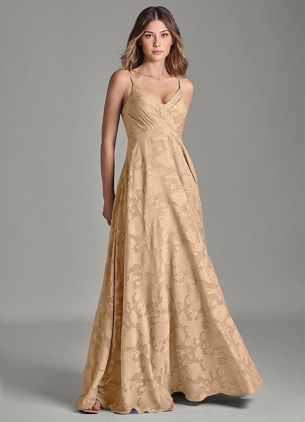 Azazie Amani 신부 들러리 드레스 A라인 주름진 플로럴 번아웃 바닥 길이 드레스 image1