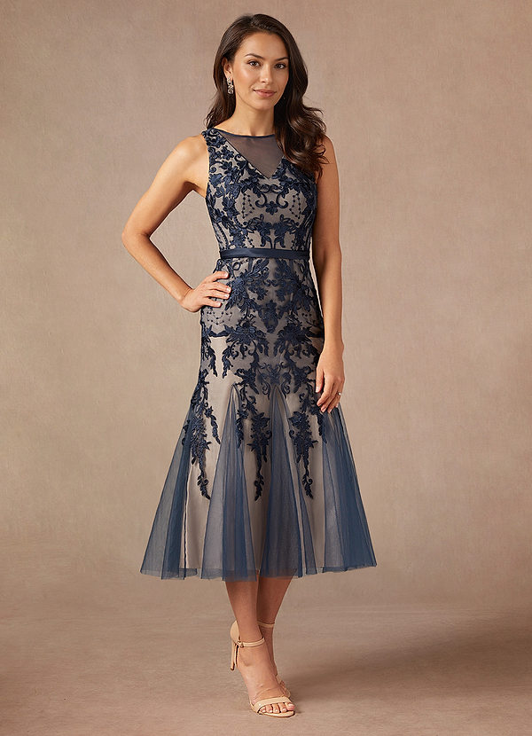 Azazie Herrin Mother of the Brides Dresses Dark Navy Champagne Mermaid Lace Dress image1