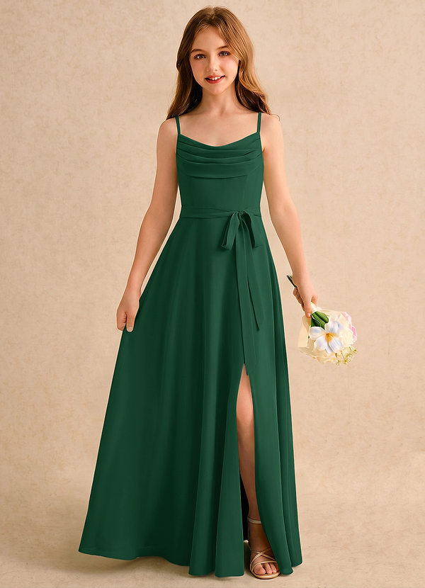 Azazie Jasslyn Girls Formal Robes de cortège enfant Robe Trapèze en Mousseline de soie Plissé Vert Foncé image1