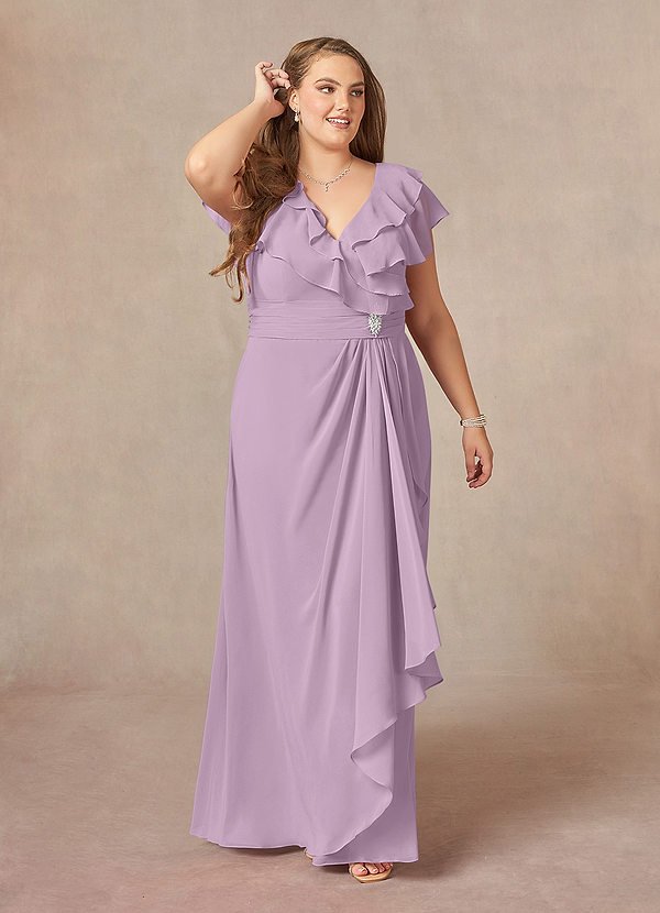 Azazie Snapdragon Robe Mère de la Mariée & du Marié Robe Trapèze en Mousseline de soie Col en V froncé Glycine image1