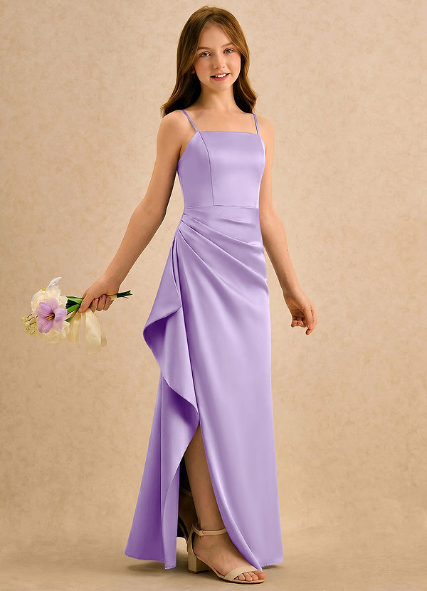 Azazie Cannoli Girls Formal Sukienki dla dziewczynek sypiących kwiaty Linia A Pofałdowany Satyna elastyczna Długość podłogi Sukienka image1