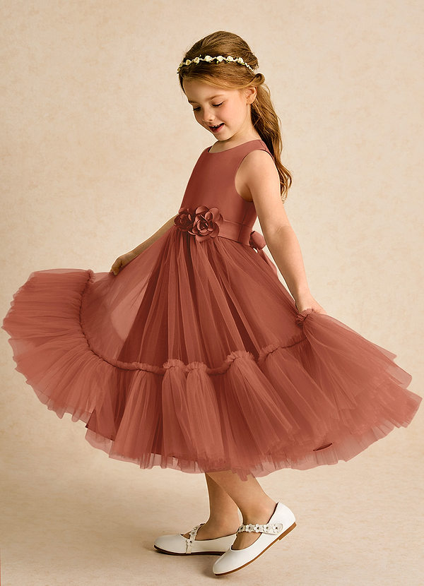Azazie Miracle Flower Girl Dresses Auburn A-Line Bow Matte Satin Dress image1