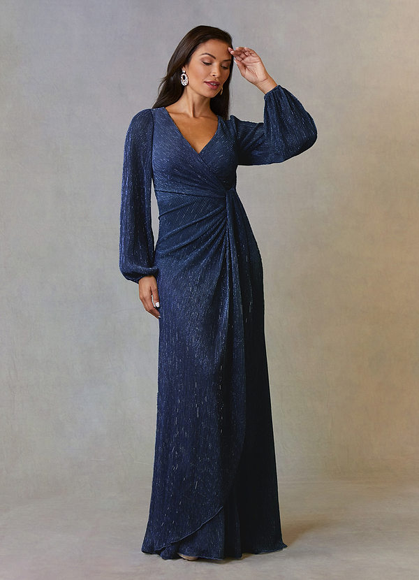 Upstudio Sterling Mother of the Bride Dresses Dark Navy A-Line Ruched Metallic Mesh Dress image1