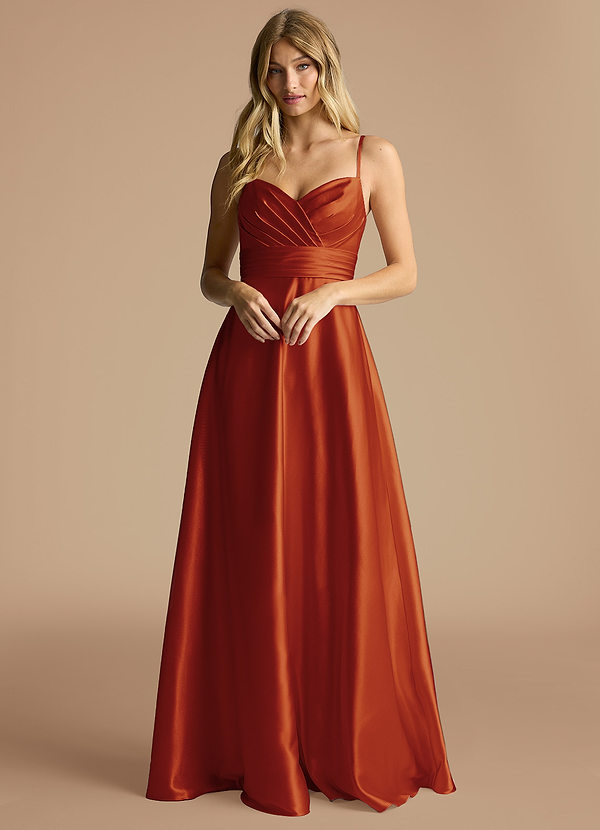 Azazie Oliana Bridesmaid Dresses Paprika A-Line Sweetheart Neckline Metallic Satin Dress image1
