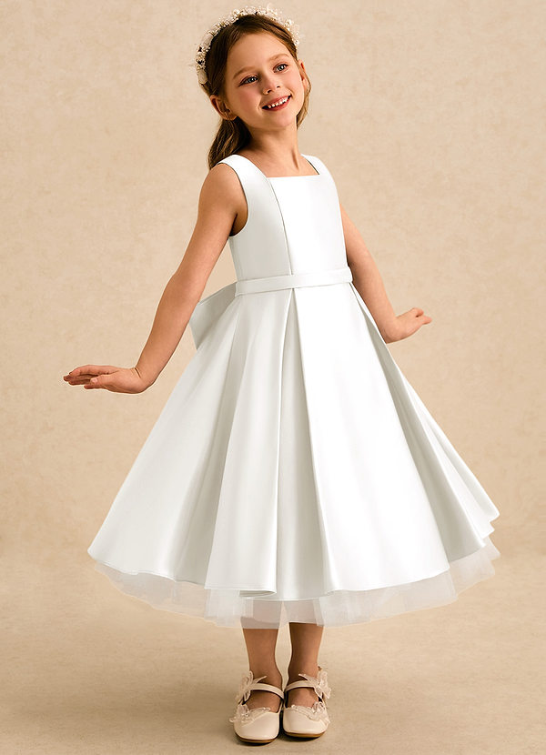 Azazie Josie Flower Girl Dresses Ivory A-Line Pleated Matte Satin Dress image1