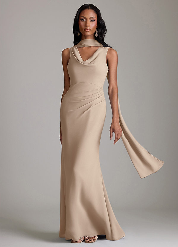 Azazie Linelle Robes Demoiselle d'honneur Robe Sirène en Mousseline de soie Plissée Taupe image1