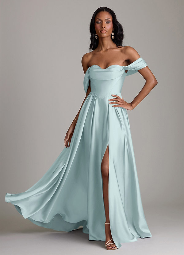 Azazie Loisa Robes de demoiselle d'honneur Robe Trapèze en Satin extensible Épaules dénudées Brume image1