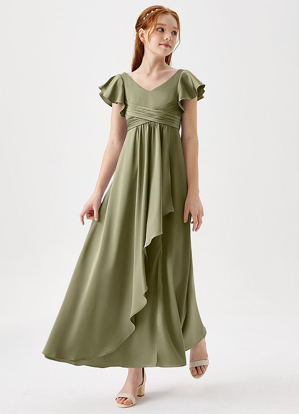 Azazie Omari Junior Pistachio A-Line Pleated Stretch Satin Dress image1