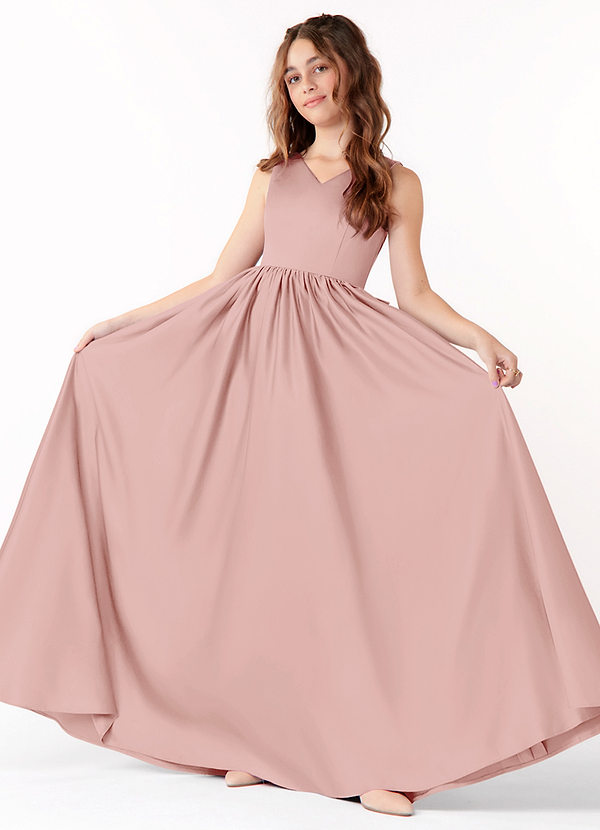 Azazie Hathaway Junior Vestido de Oro Rosa de Satin Mate de Corte En A con Lazo image1