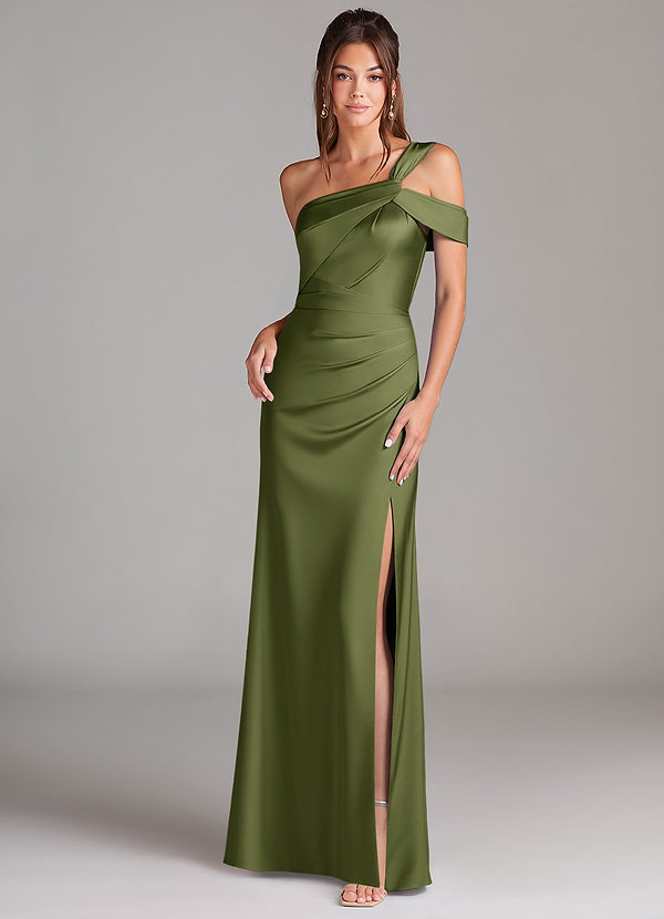 Azazie Wynter Bridesmaid Dresses Olive Sheath Off the Shoulder Stretch Satin Dress image1