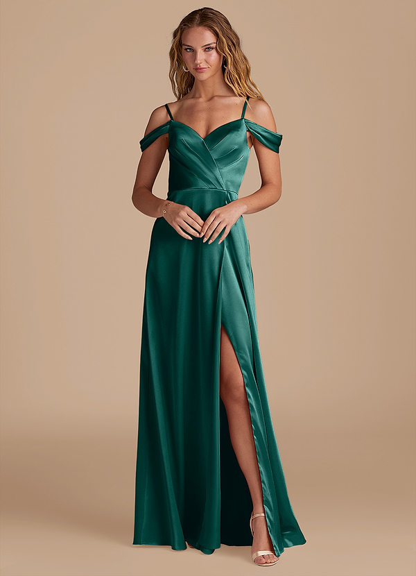 Azazie Ocean Bridesmaid Dresses Pine A-Line Off the Shoulder Metallic Satin Dress image1
