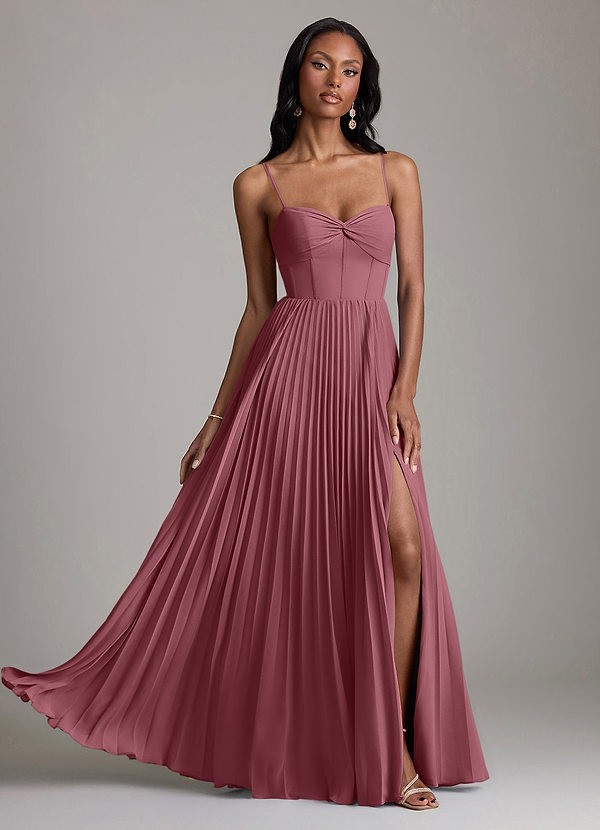 Azazie Akiko Robes de demoiselle d'honneur Robe Trapèze en Mousseline de soie Décolleté en cœur Rose Du Désert image1