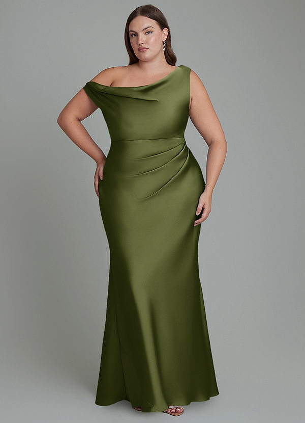 Azazie Emerson Bridesmaid Dresses Olive Mermaid Off the Shoulder Stretch Satin Dress image1