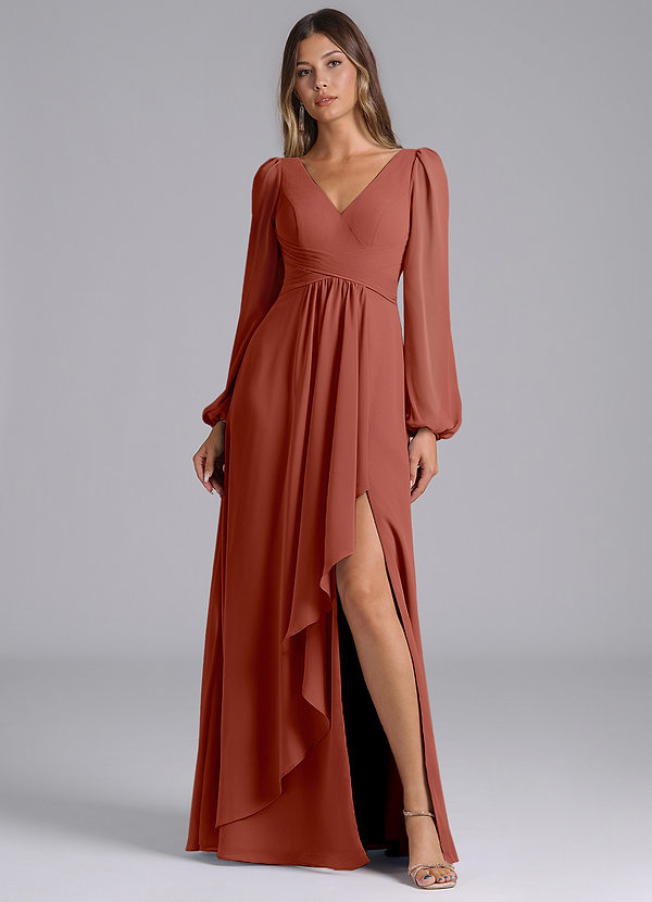Azazie Liah Bridesmaid Dresses Auburn A-Line Long Sleeve Chiffon Dress image1