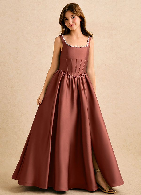 Azazie Enid Girls Formal Blomsterpigekjoler A-Line Perlebesat Stræk satin Gulv-længde Kjole image1