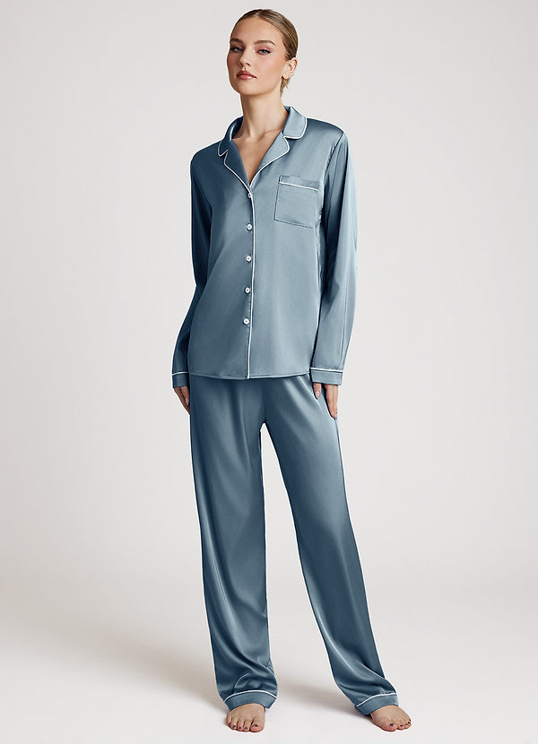 front Azul Polvoriento Conjunto de pijama de satén de manga larga y pantalón