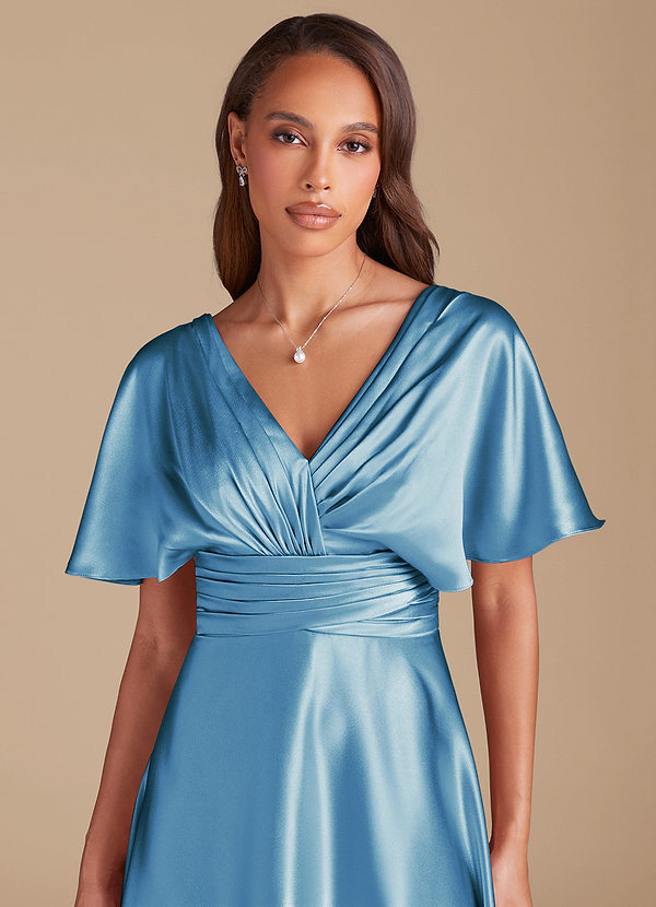 Azazie Pamela Bridesmaid Dresses Steel Blue A-Line Pleated Metallic Satin Dress image1