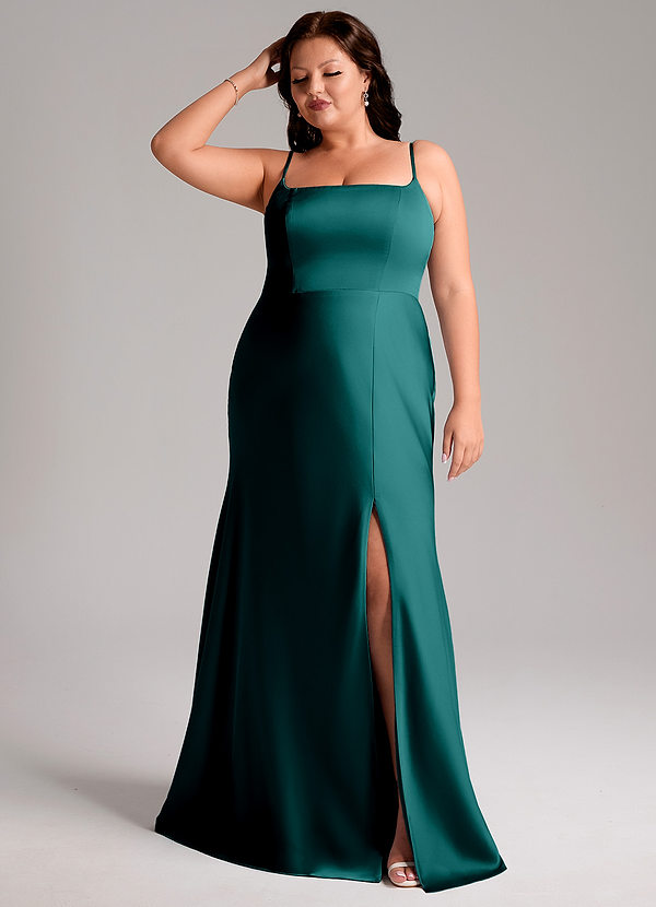 Azazie Lidia Bridesmaid Dresses Peacock Mermaid Side Slit Stretch Satin Dress image1