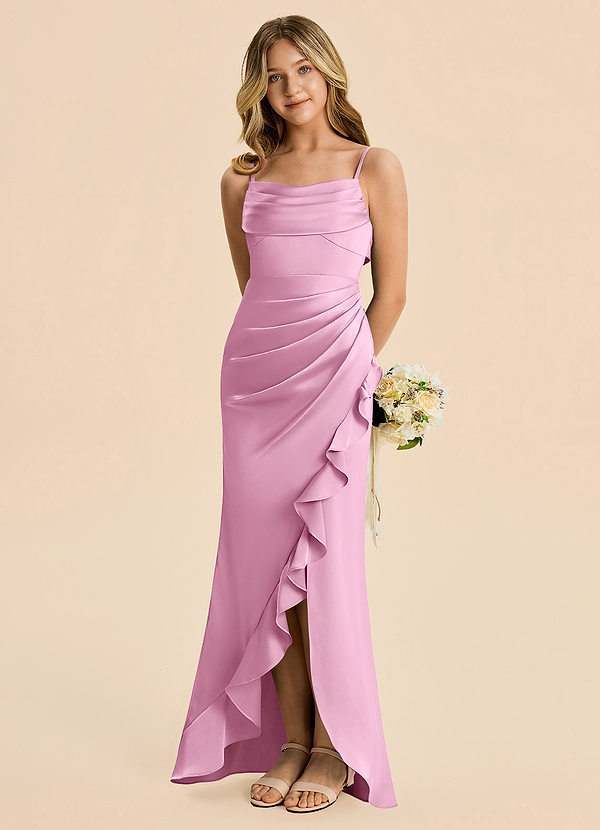 Azazie Mia Junior Robe Sirène en Satin extensible Plissé Rose Bonbon image1
