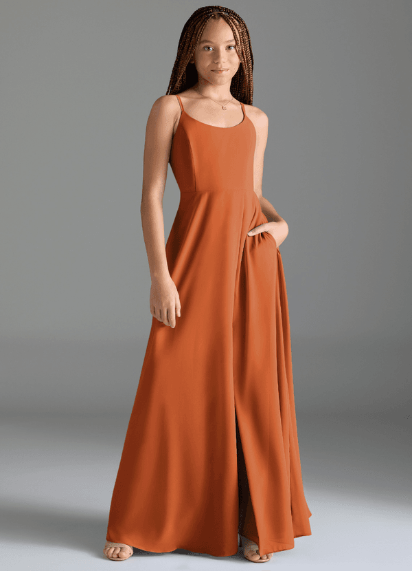 Azazie Moira Junior Abito A-Line in Chiffon Con Tasche Cannella image1