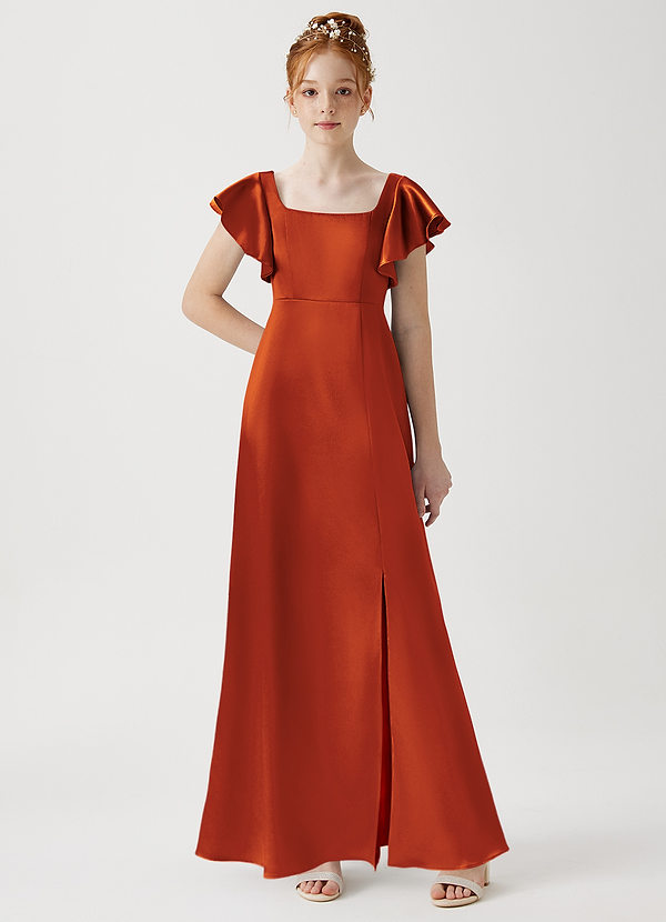 Azazie Bondi Junior Paprika A-Line Side Slit Metallic Satin Dress image1