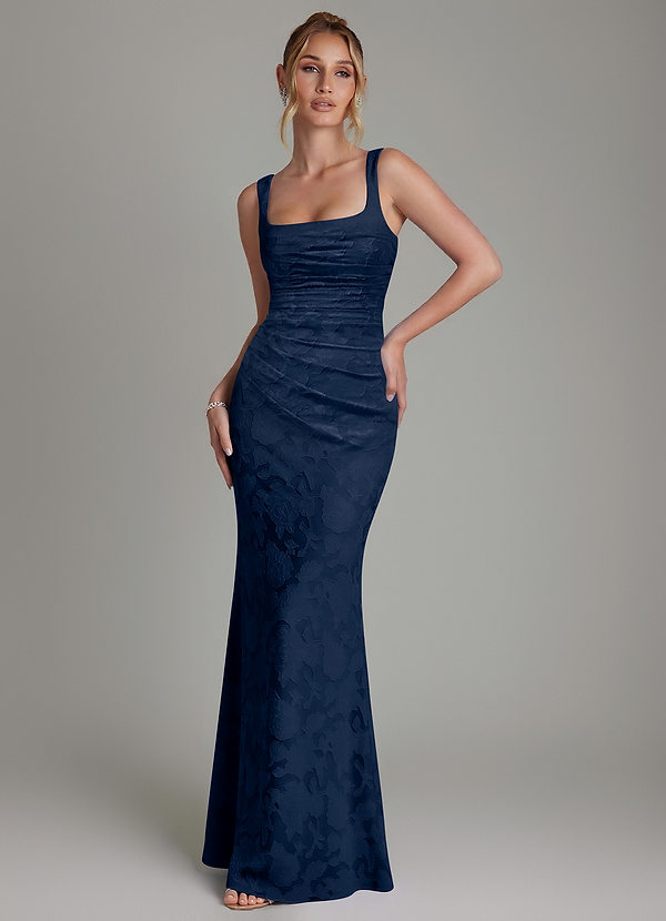 Azazie Agustina Vestidos Dama de Honor Vestido de Azul Marino Oscuro de Devorado Floral de Corte Sirena con Corsé image1