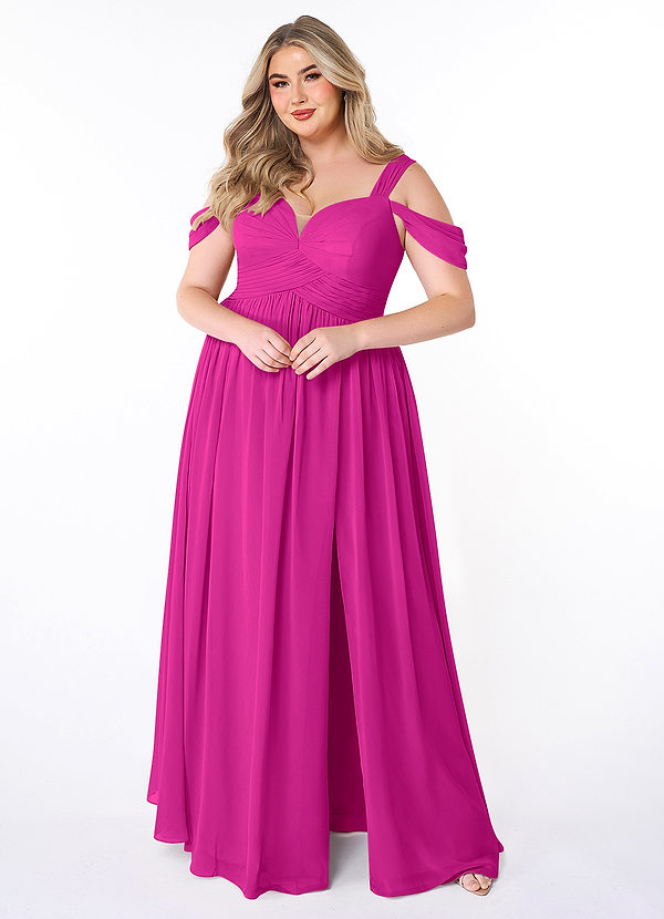 Azazie Lianne Bridesmaid Dresses Fuchsia A-Line Off the Shoulder Chiffon Dress image1
