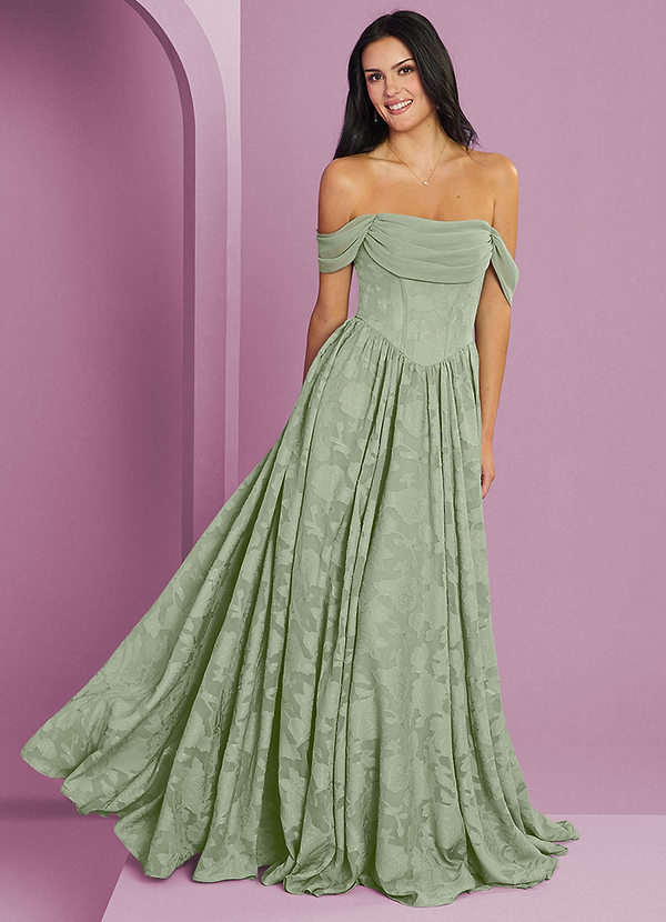 Barbie ♥ Azazie Bridesmaid Dresses Dusty Sage A-Line Off the Shoulder Floral Burnout Convertible Dress image1