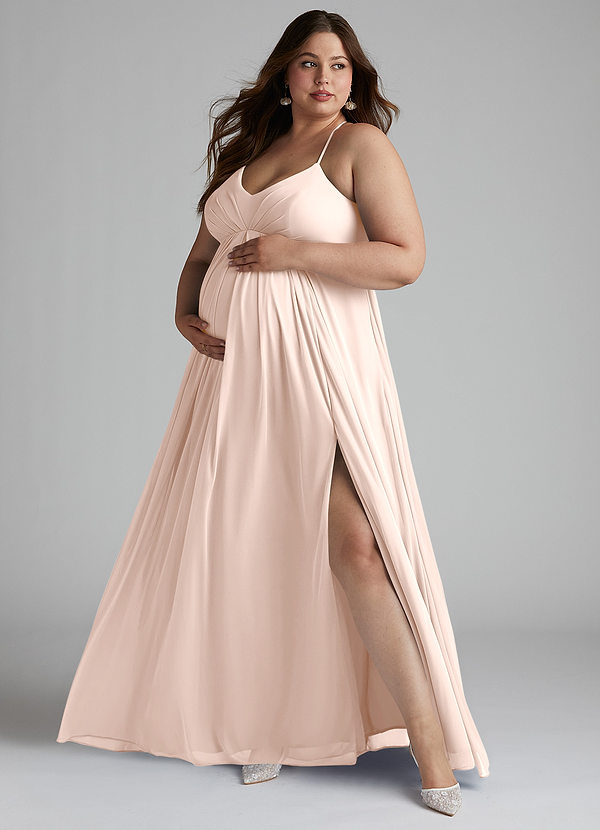 Azazie Annabelle Maternity Bridesmaid Dresses A-Line V-Neck Pleated Mesh Floor-Length Dress image1