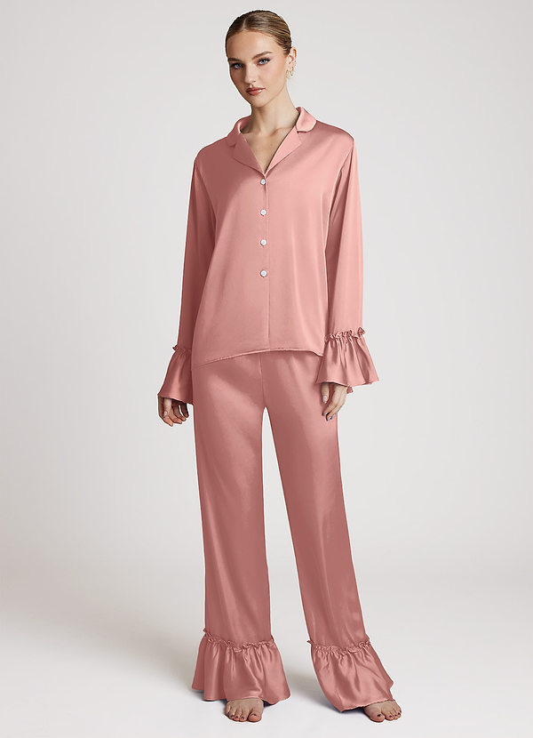 front Rosettenrosa Leichtes Satin-Rüschen-Pyjama-Set