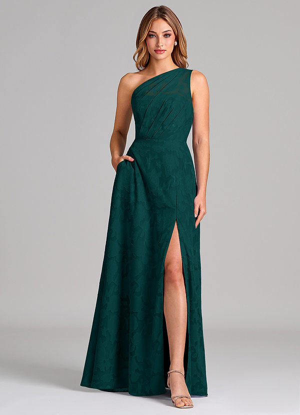 Azazie Phaedra Bridesmaid Dresses Pine A-Line One Shoulder Floral Burnout Dress image1