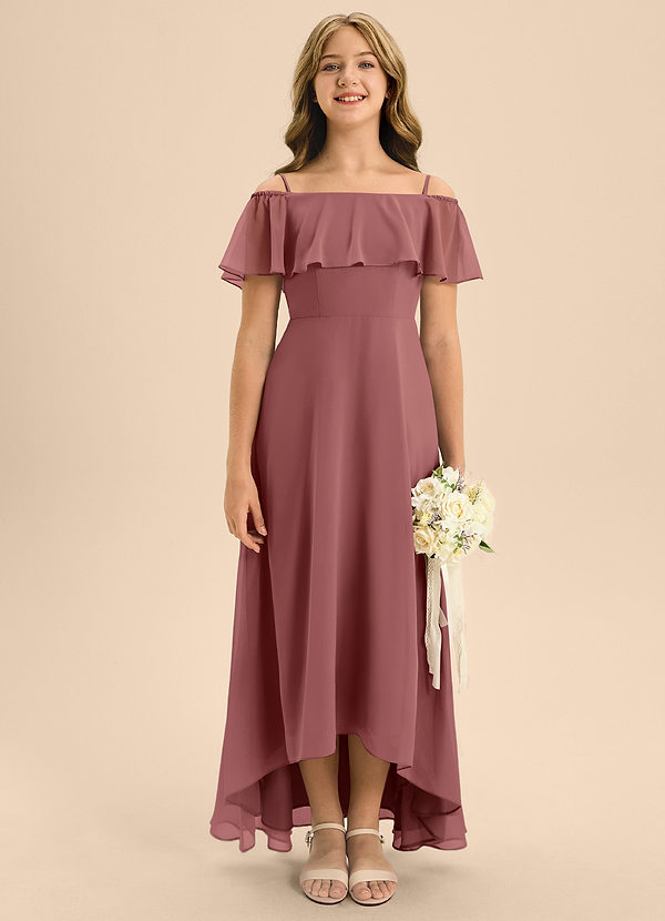 Azazie Maggie Junior Amethyst A-Line Off the Shoulder Chiffon Dress image1