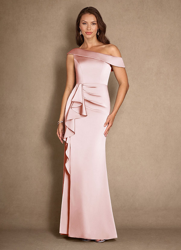 Azazie Hamptons Mother of the Brides Dresses Blushing Pink A-Line Pleated Stretch Satin Dress image1
