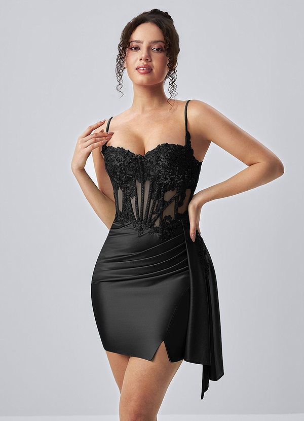 Calisthenia Black Stretch Satin Corset Lace Rhinestones Mini Dress image1