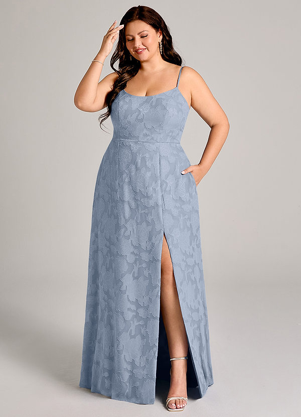 Azazie Moira Bridesmaid Dresses Dusty Blue A-Line Side Slit Floral Burnout Dress image1
