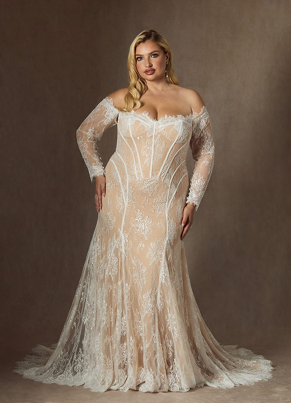 Azazie Katherine Wedding Dresses Diamond White Champagne Mermaid Off the Shoulder Tulle Dress image1
