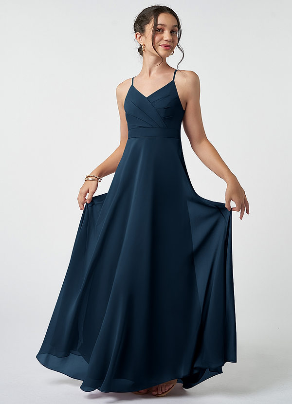 Azazie Avelina Junior Robe Trapèze en Mousseline de soie Plissé Bleu Marine Foncé image1