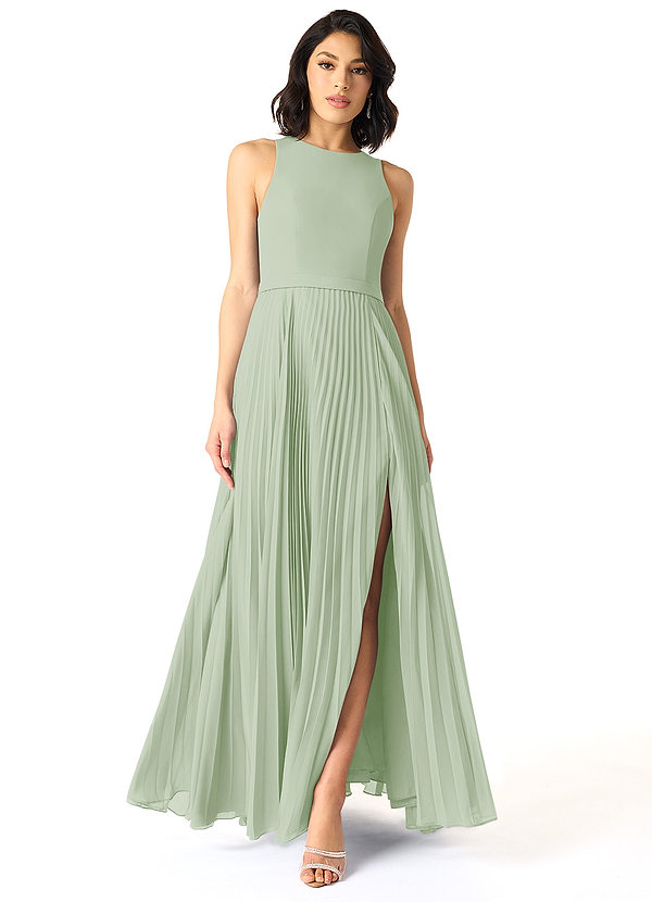 Azazie Lindie Bridesmaid Dresses Dusty Sage A-Line Scoop Pleated Chiffon Dress image1