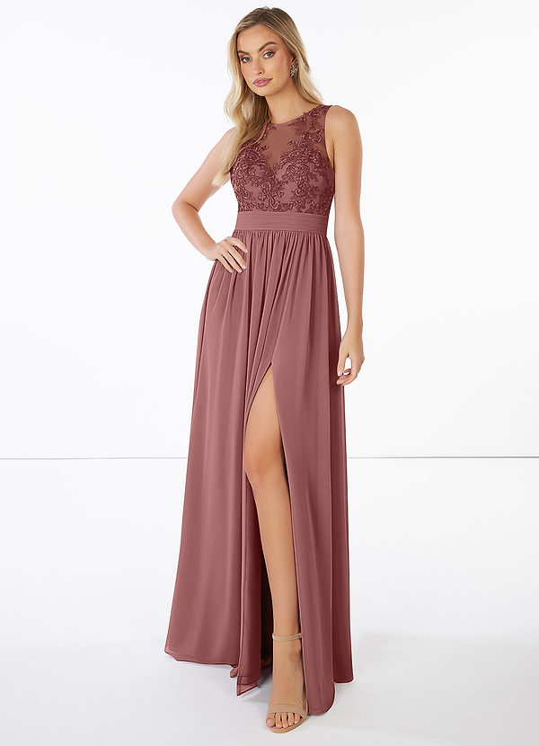 Azazie Mea Bridesmaid Dresses A-Line Lace Chiffon Floor-Length Dress image1