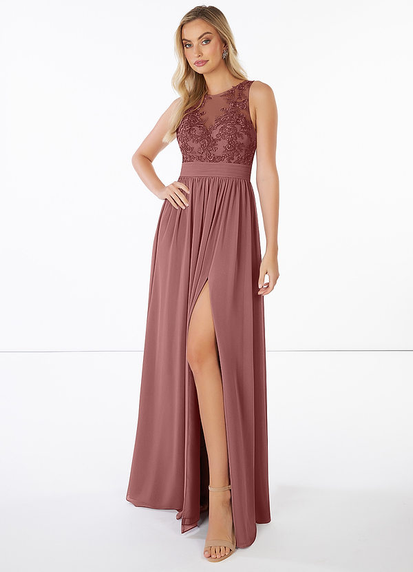 Azazie Mea Brautjungfernkleider A-Linie Spitze Chiffon Kleid Wüstenrose image1