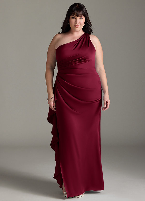 Azazie Latrice Robes Demoiselle d'honneur Robe Fourreau en Satin extensible Volants en cascade à une épaule Bourgogne image1